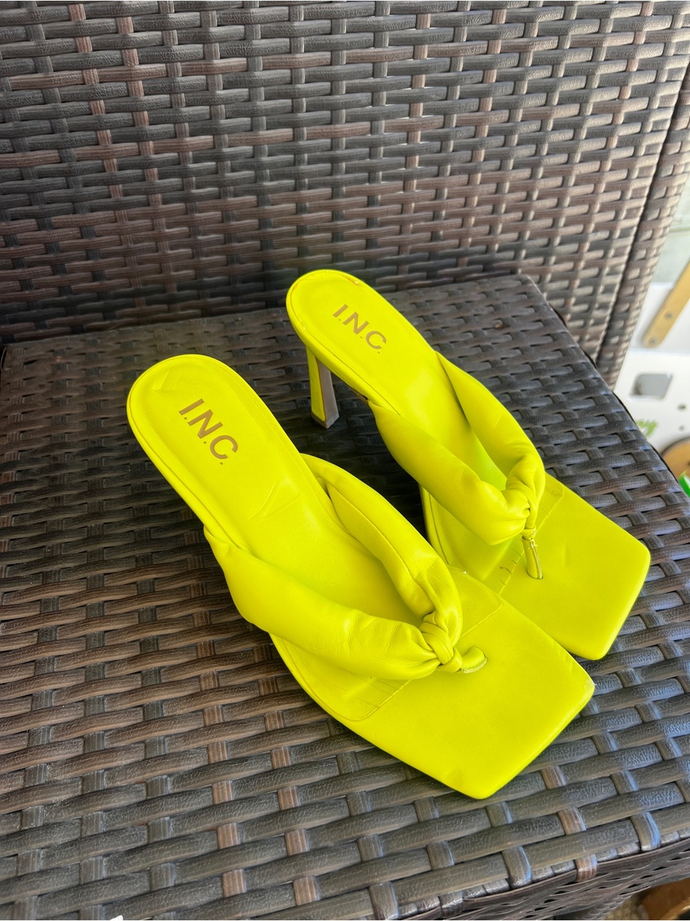 INC International Concepts Neon Yellow Knotted Toe-Post Thong Heels